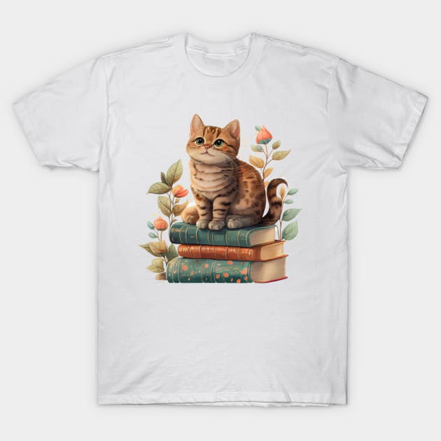 Cute Cottagecore Cat on Books T-Shirt by BotanicalWoe